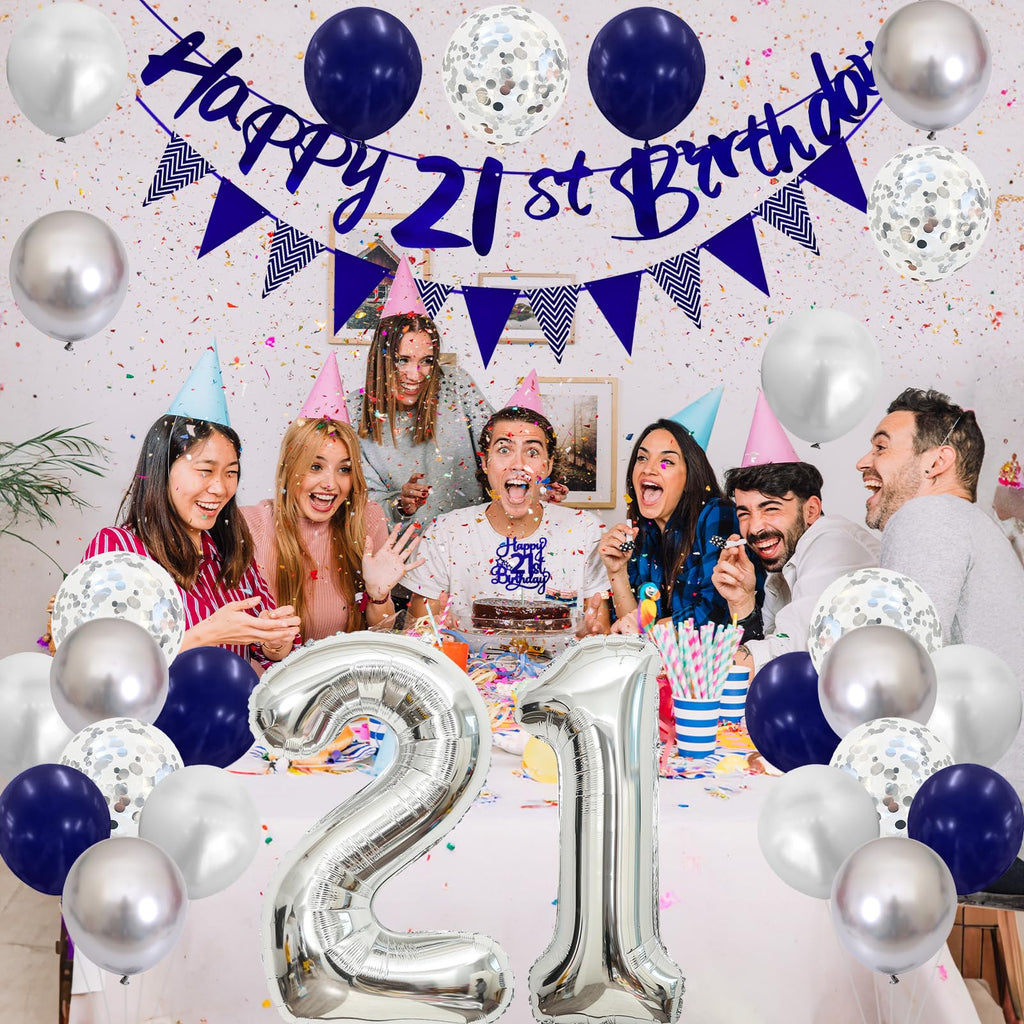 21st Birthday Decorations Set – Blue & Silver Banner, Balloons, Cake Topper for Him or Her