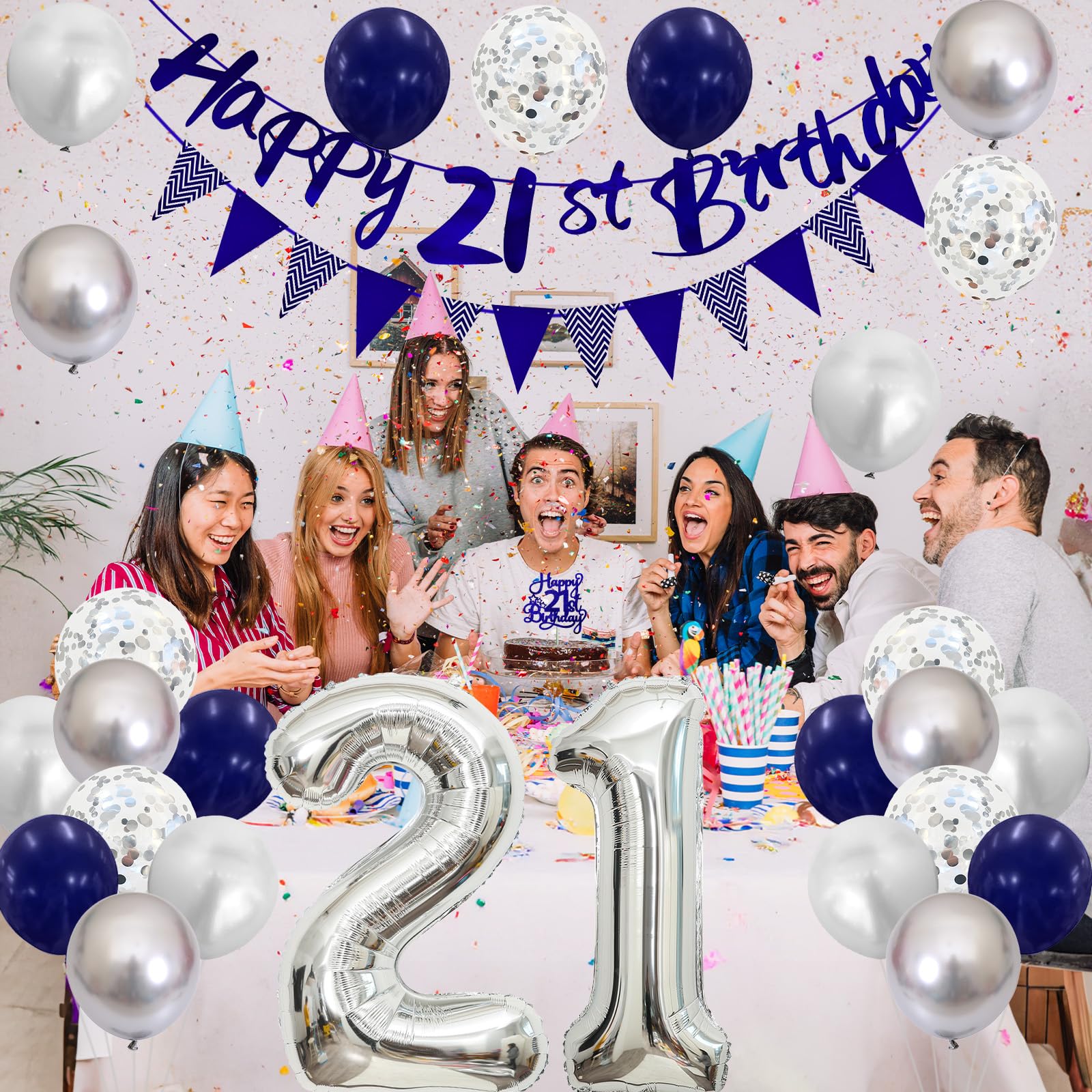 21st Birthday Decorations Set – Blue & Silver Banner, Balloons, Cake Topper for Him or Her