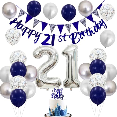 21st Birthday Decorations Set – Blue & Silver Banner, Balloons, Cake Topper for Him or Her