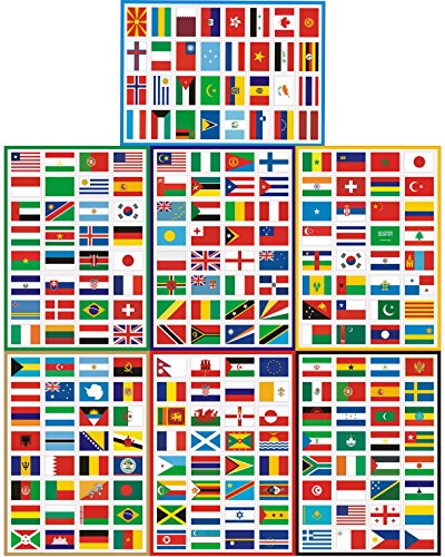 224 Country Flag Stickers - Waterproof PVC, Pre-Cut, 7 Sheets, Travel Decor