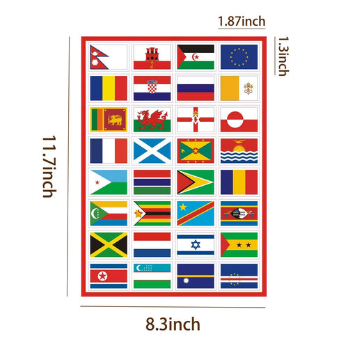 224 Country Flag Stickers - Waterproof PVC, Pre-Cut, 7 Sheets, Travel Decor