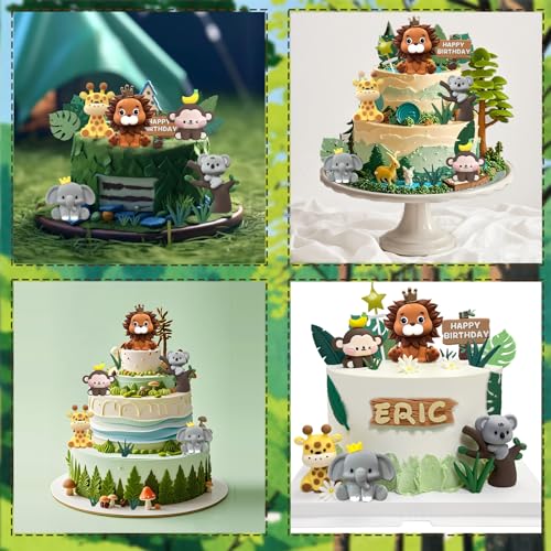 22PCS Safari Animal Cake Toppers – Wild One Jungle Theme with 5 Rubber Animals and Leaves