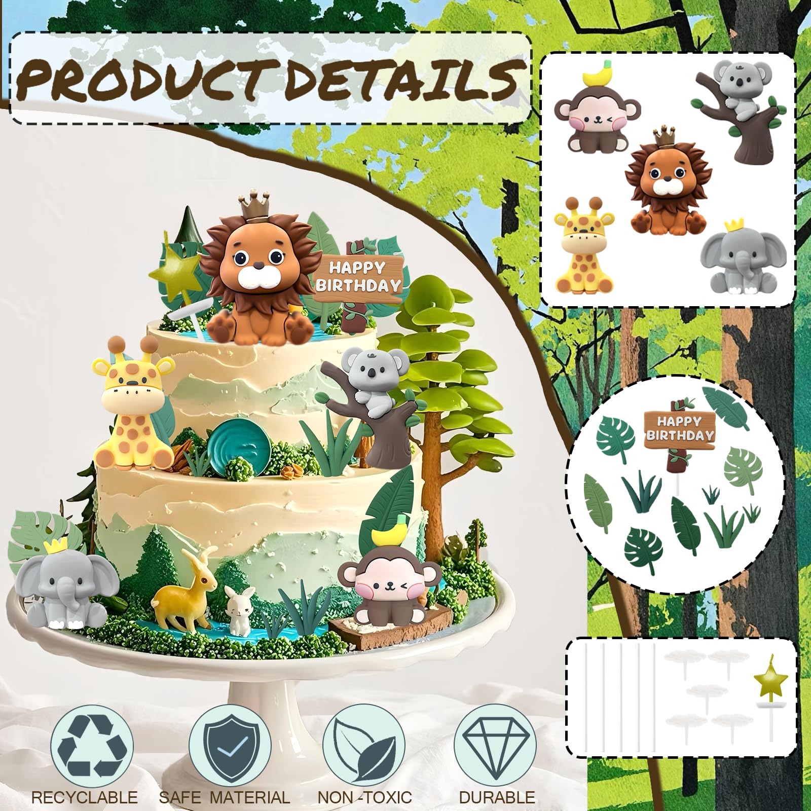22PCS Safari Animal Cake Toppers – Wild One Jungle Theme with 5 Rubber Animals and Leaves