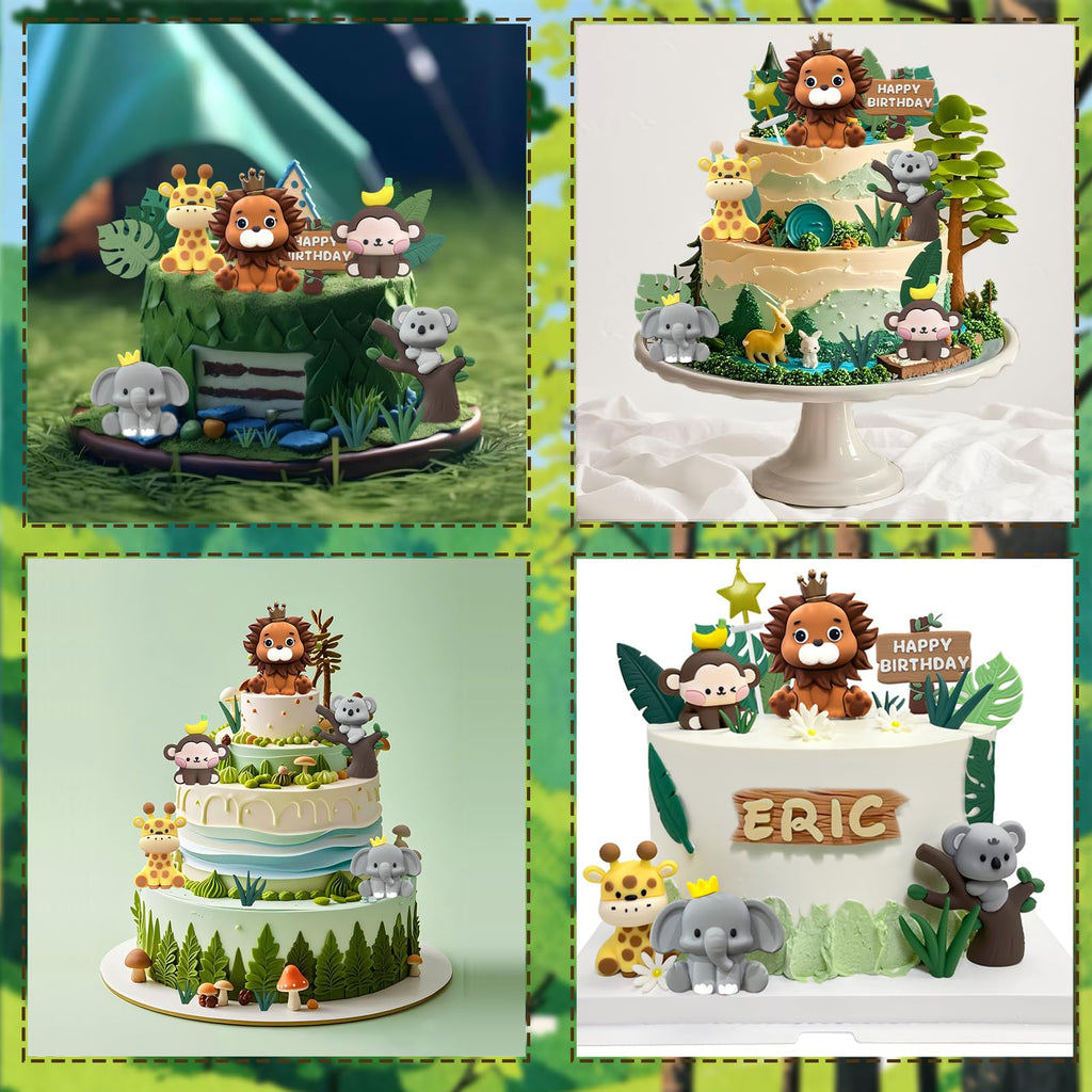 22PCS Safari Animal Cake Toppers – Wild One Jungle Theme with 5 Rubber Animals and Leaves