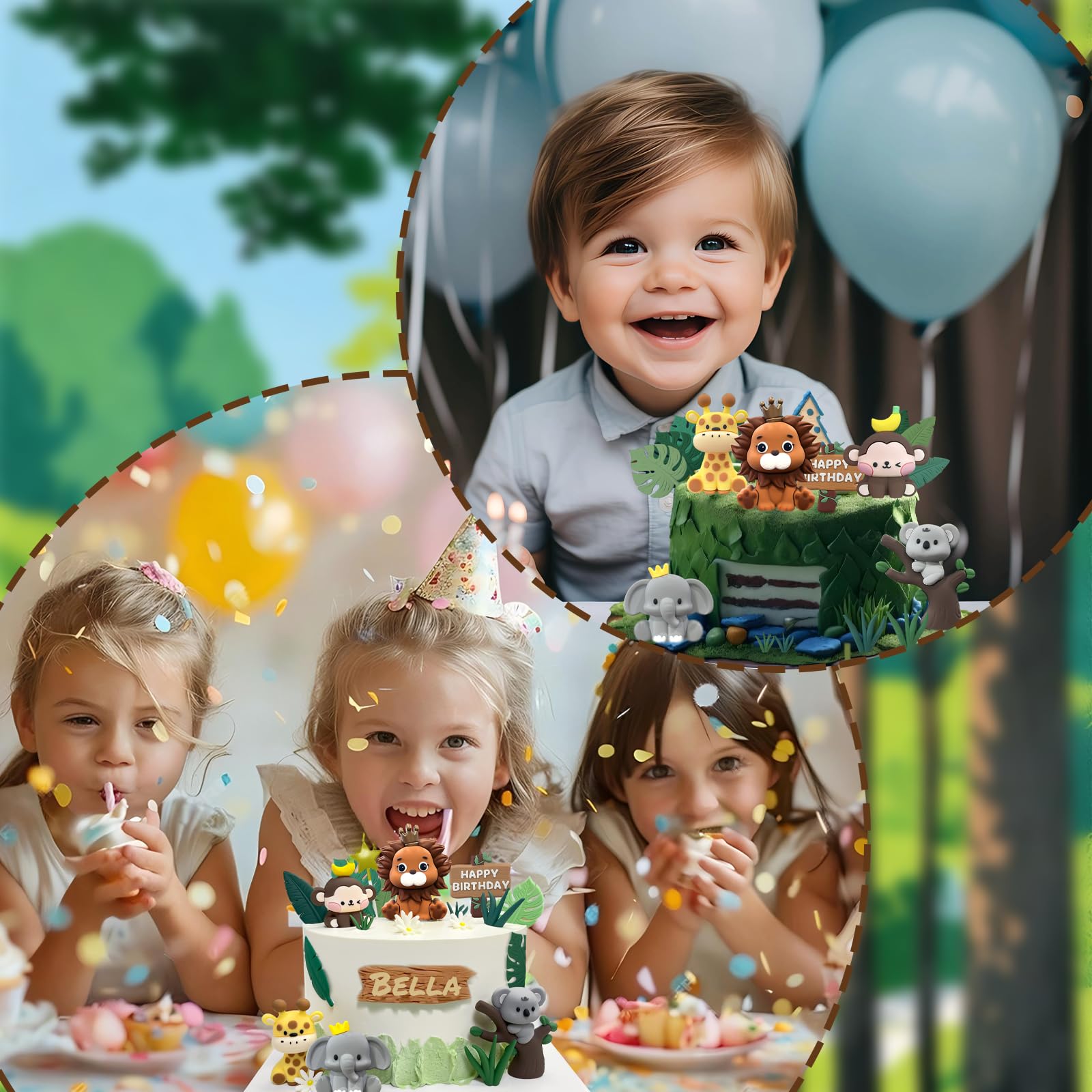 22PCS Safari Animal Cake Toppers – Wild One Jungle Theme with 5 Rubber Animals and Leaves