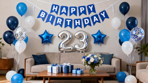 23rd Birthday Decoration Set Blue Silver - 31 Piece Balloon & Banner Kit for Him