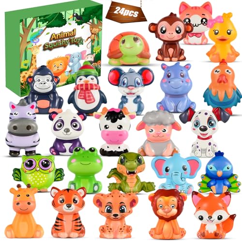 24 Animal Squishy Toys for Kids Party Favors – 24-Pack Safari Wild Animal Squishies for Goodie Bags, Pinata Fillers, Classroom Prizes, Stocking Stuffers