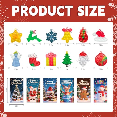 24 Christmas Mini Pop Keychain Fidget Toys with 24 Cards – Silicone Stress Reliever for Kids and Adults, Party Favors