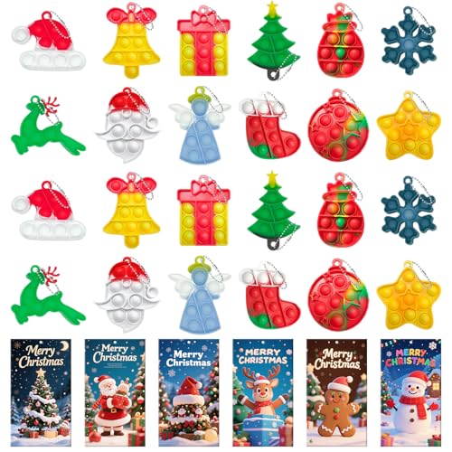 24 Christmas Mini Pop Keychain Fidget Toys with 24 Cards – Silicone Stress Reliever for Kids and Adults, Party Favors