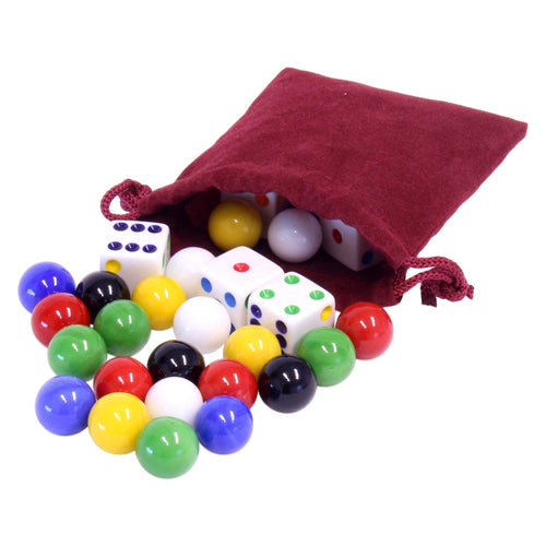 24 Glass Marbles (9/16") and 6 Dice Set for Aggravation Game – Replacement Pieces in Cloth Pouch