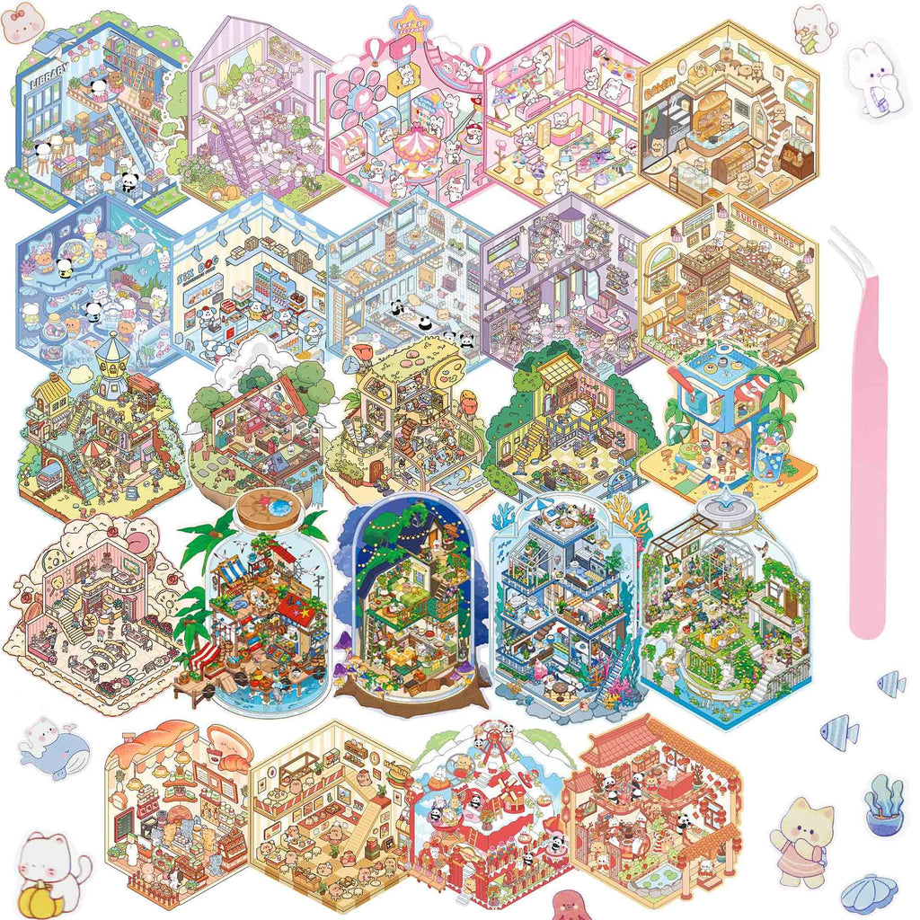 24 Kawaii 3D Sticker Scenes for Adults – DIY Sticker Therapy Set with Background Boards and Tweezer