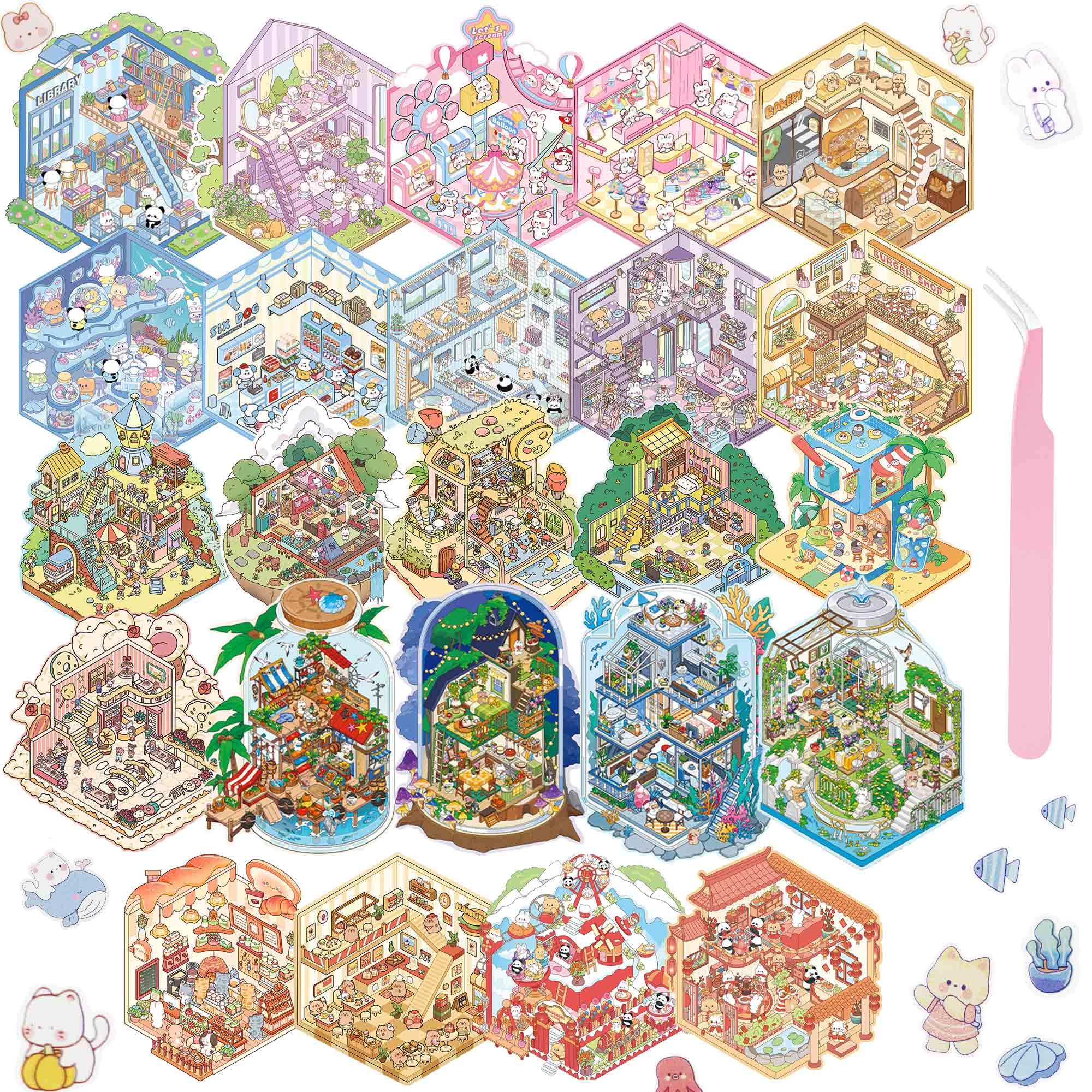 24 Kawaii 3D Sticker Scenes for Adults – DIY Sticker Therapy Set with Background Boards and Tweezer
