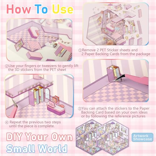 24 Kawaii 3D Sticker Scenes for Adults – DIY Sticker Therapy Set with Background Boards and Tweezer