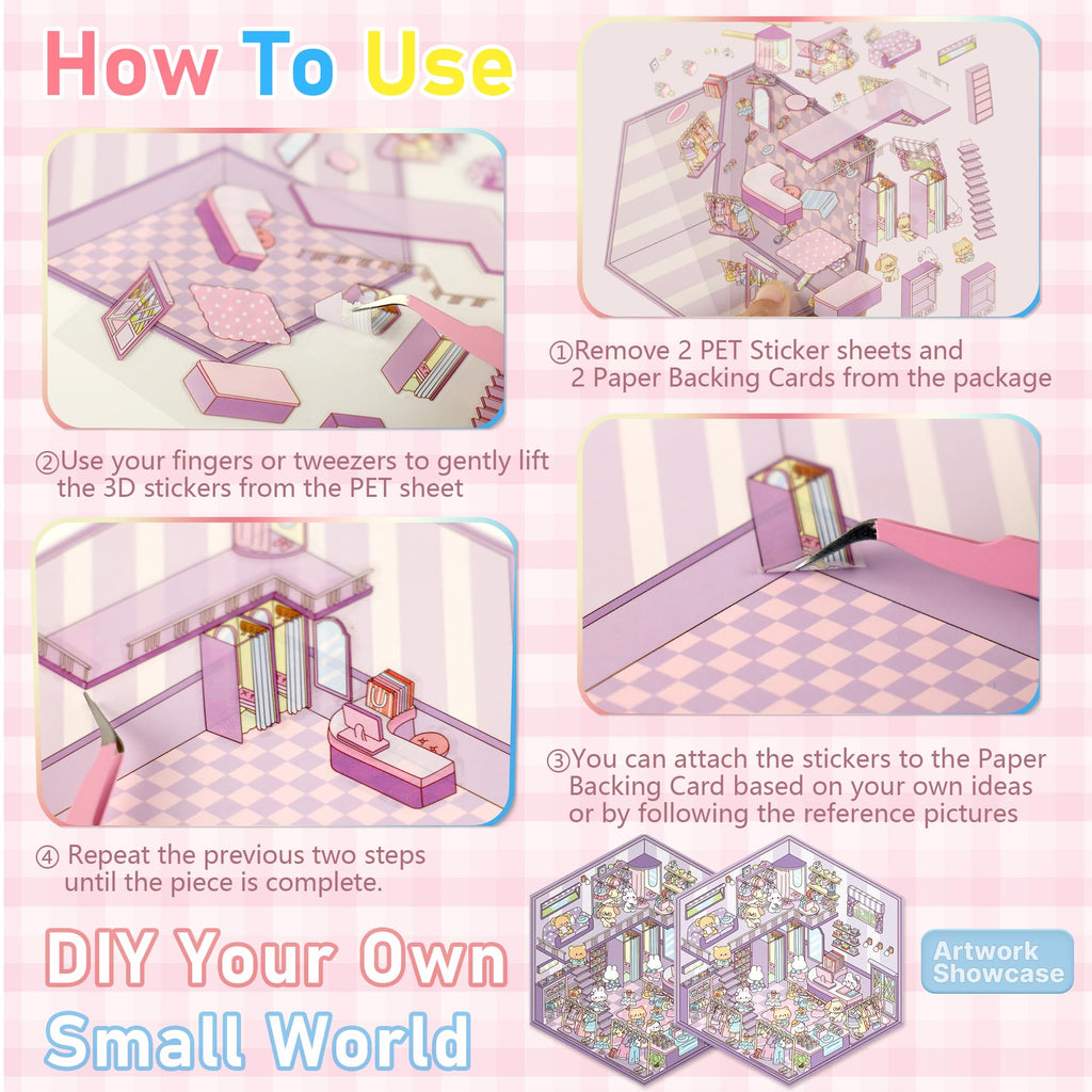 24 Kawaii 3D Sticker Scenes for Adults – DIY Sticker Therapy Set with Background Boards and Tweezer