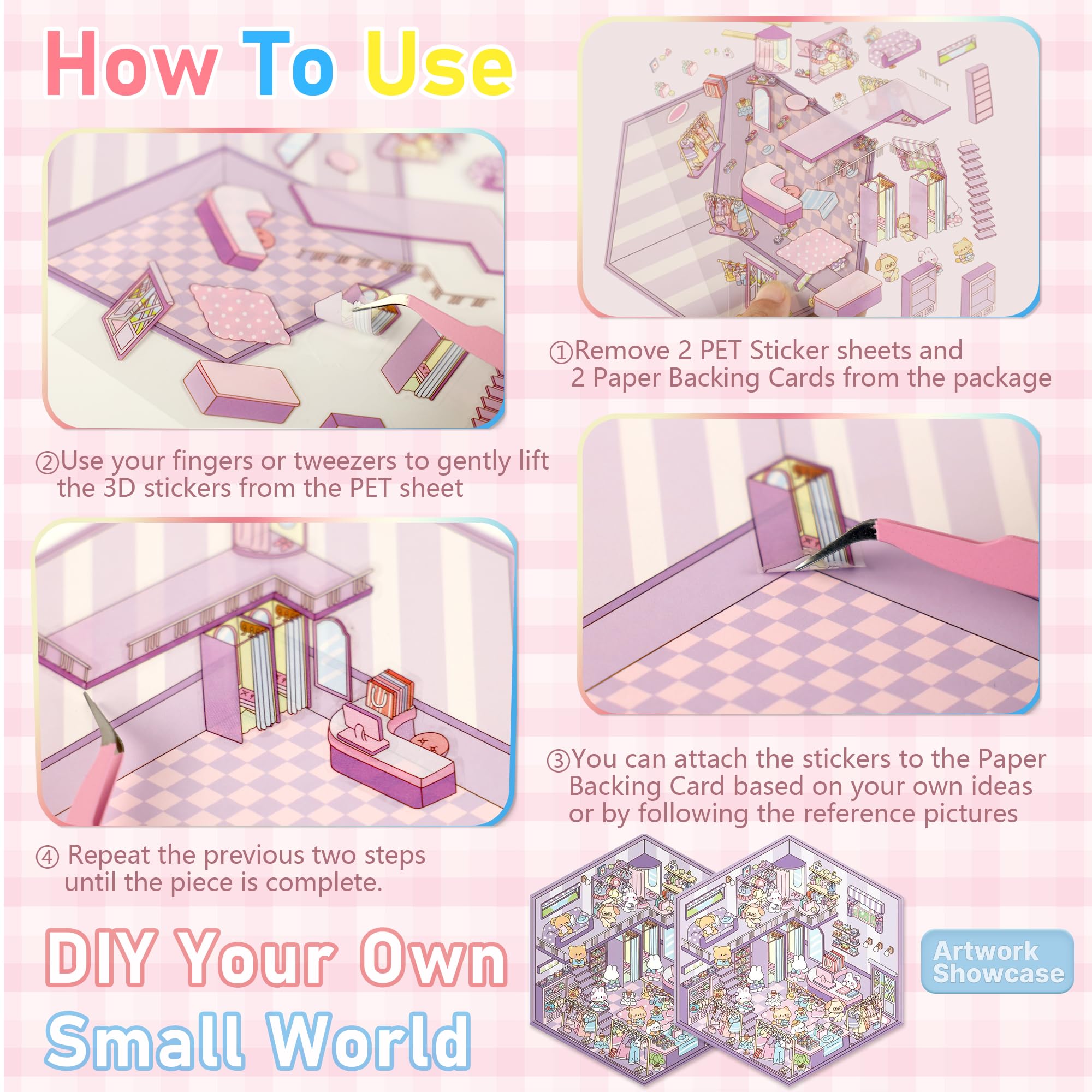 24 Kawaii 3D Sticker Scenes for Adults – DIY Sticker Therapy Set with Background Boards and Tweezer