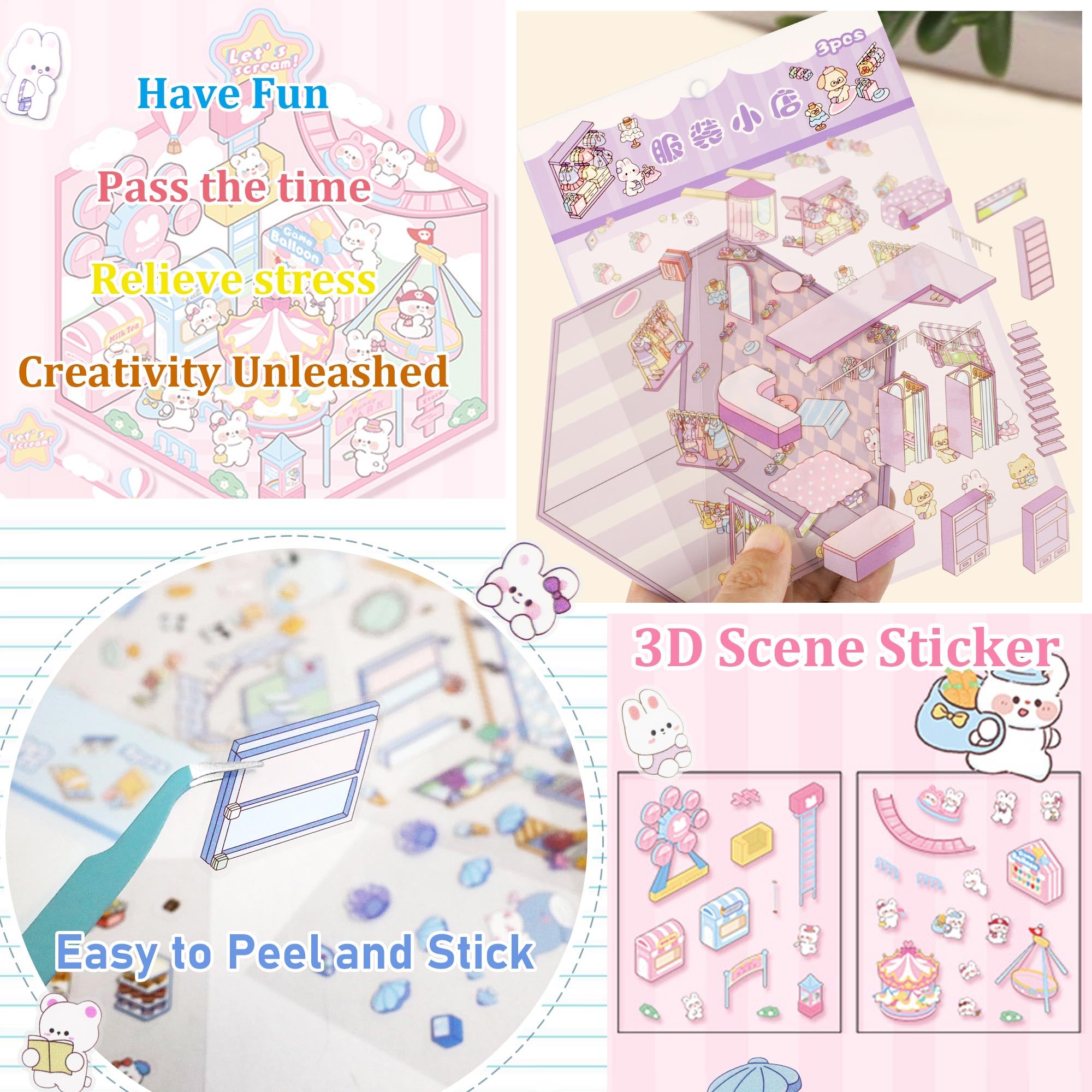 24 Kawaii 3D Sticker Scenes for Adults – DIY Sticker Therapy Set with Background Boards and Tweezer