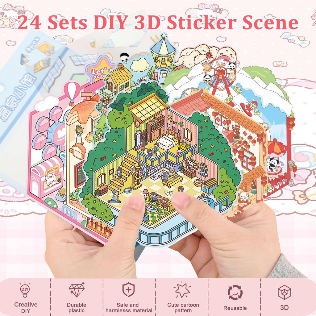 24 Kawaii 3D Sticker Scenes for Adults – DIY Sticker Therapy Set with Background Boards and Tweezer