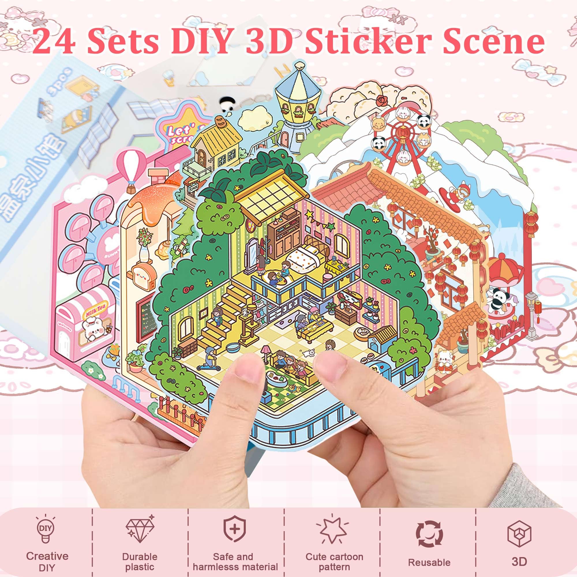 24 Kawaii 3D Sticker Scenes for Adults – DIY Sticker Therapy Set with Background Boards and Tweezer