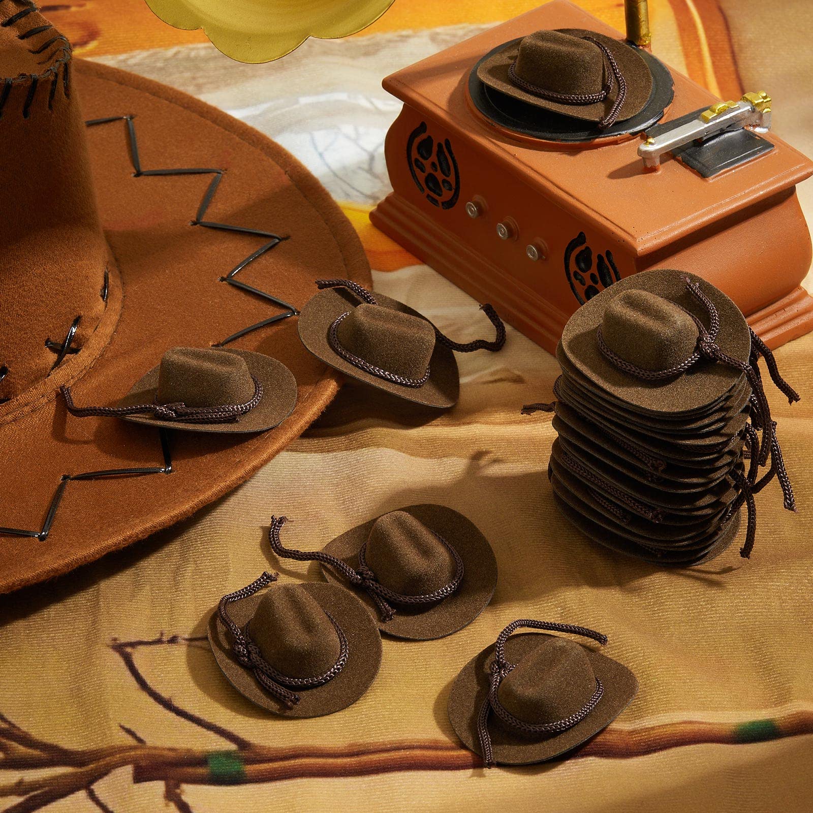 24 Mini Cowboy Hats for Dolls and Crafts – Brown Flocking Hats by Hercicy
