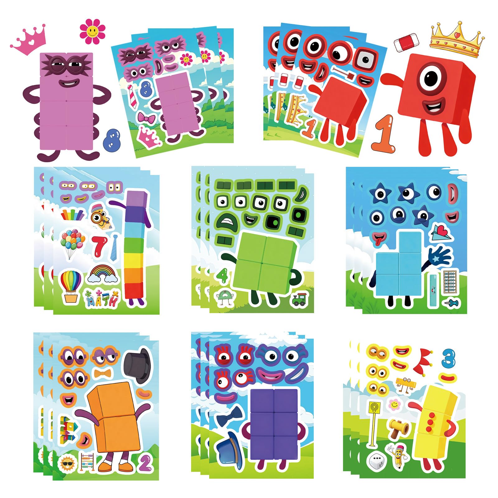 24 Number Blocks Make-a-Face Stickers – 8 Designs, Waterproof Vinyl, DIY Fun for Kids