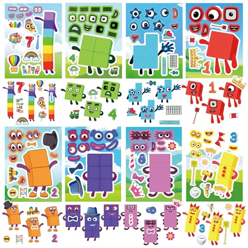 24 Number Blocks Make-a-Face Stickers – 8 Designs, Waterproof Vinyl, DIY Fun for Kids