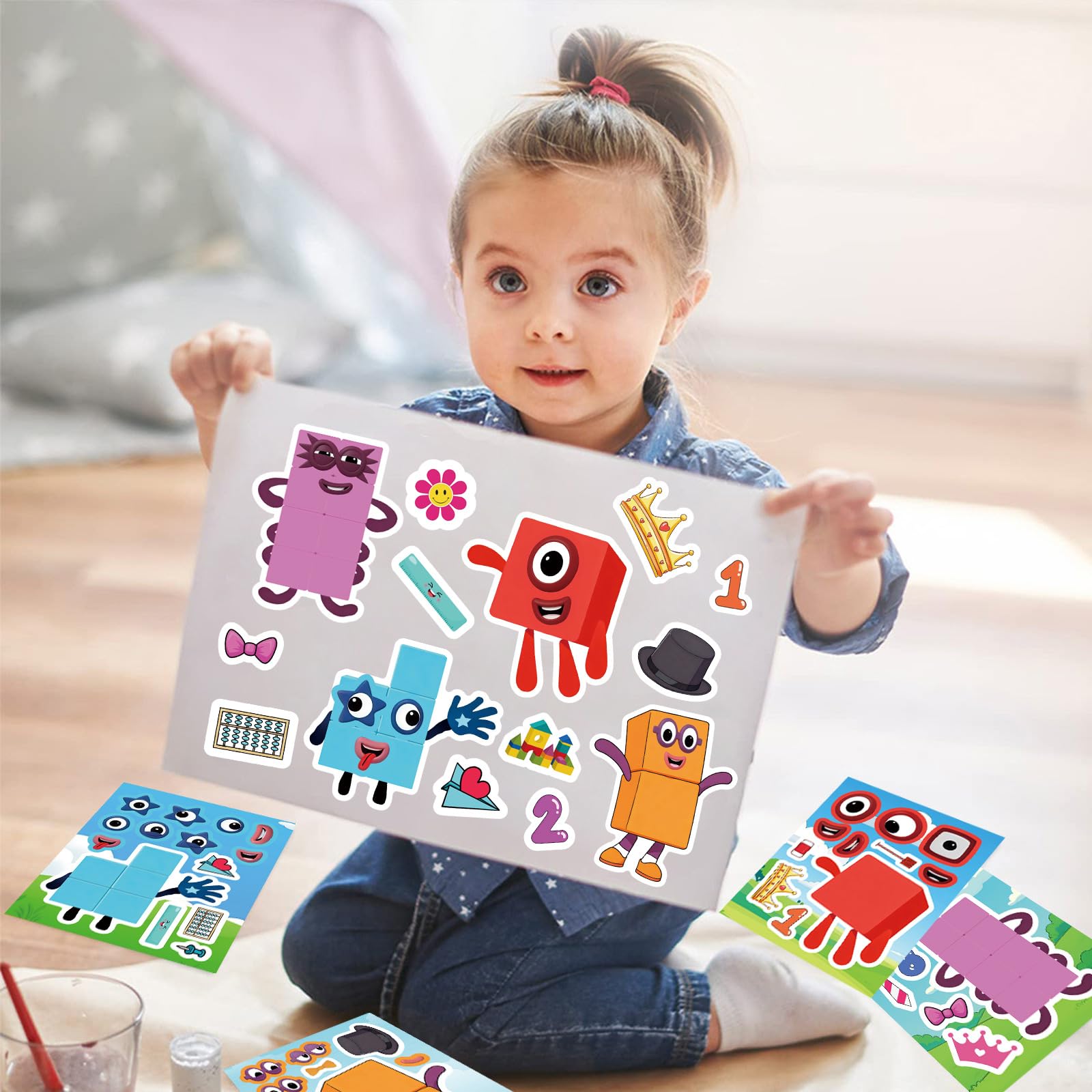24 Number Blocks Make-a-Face Stickers – 8 Designs, Waterproof Vinyl, DIY Fun for Kids