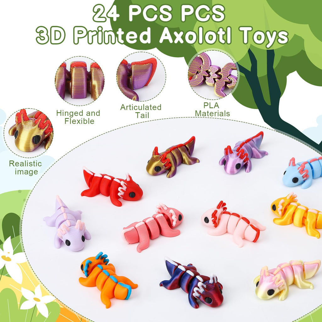 24-Pack 3D Printed Articulated Axolotl Figures – Flexible Fidget Toys for Stress Relief, Party Favors, and Desk Decor