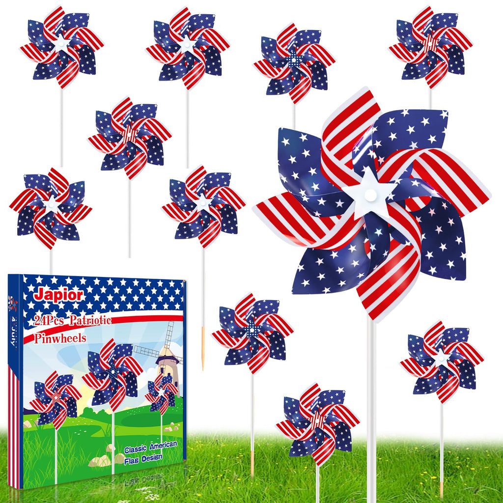 24-Pack 8.5-Inch Patriotic Pinwheels - Red White Blue American Flag Design for July 4th, Memorial Day, and Veterans Day
