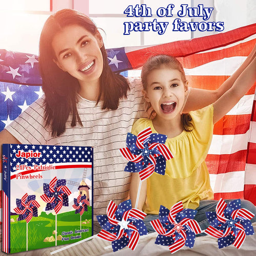 24-Pack 8.5-Inch Patriotic Pinwheels - Red White Blue American Flag Design for July 4th, Memorial Day, and Veterans Day