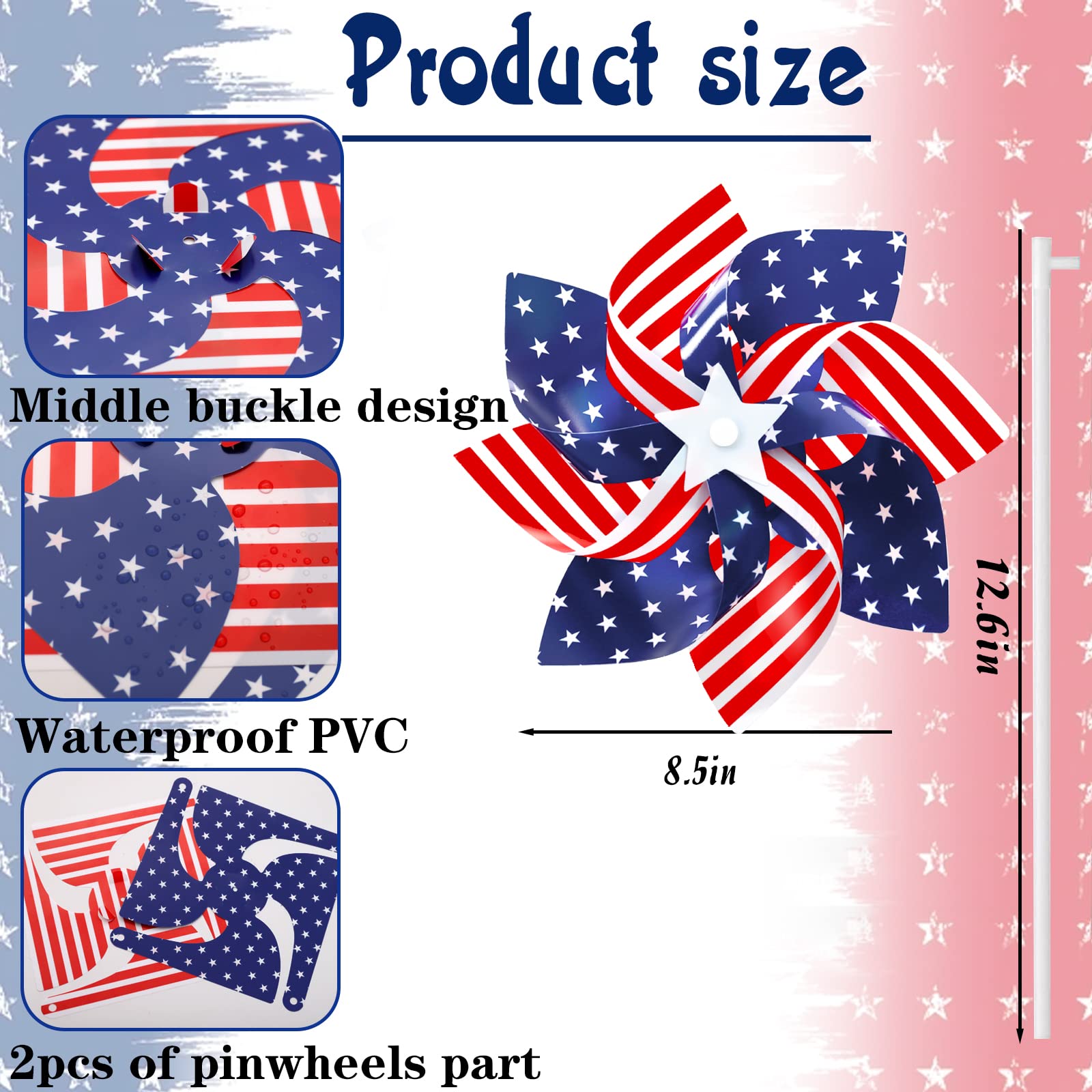 24-Pack 8.5-Inch Patriotic Pinwheels - Red White Blue American Flag Design for July 4th, Memorial Day, and Veterans Day