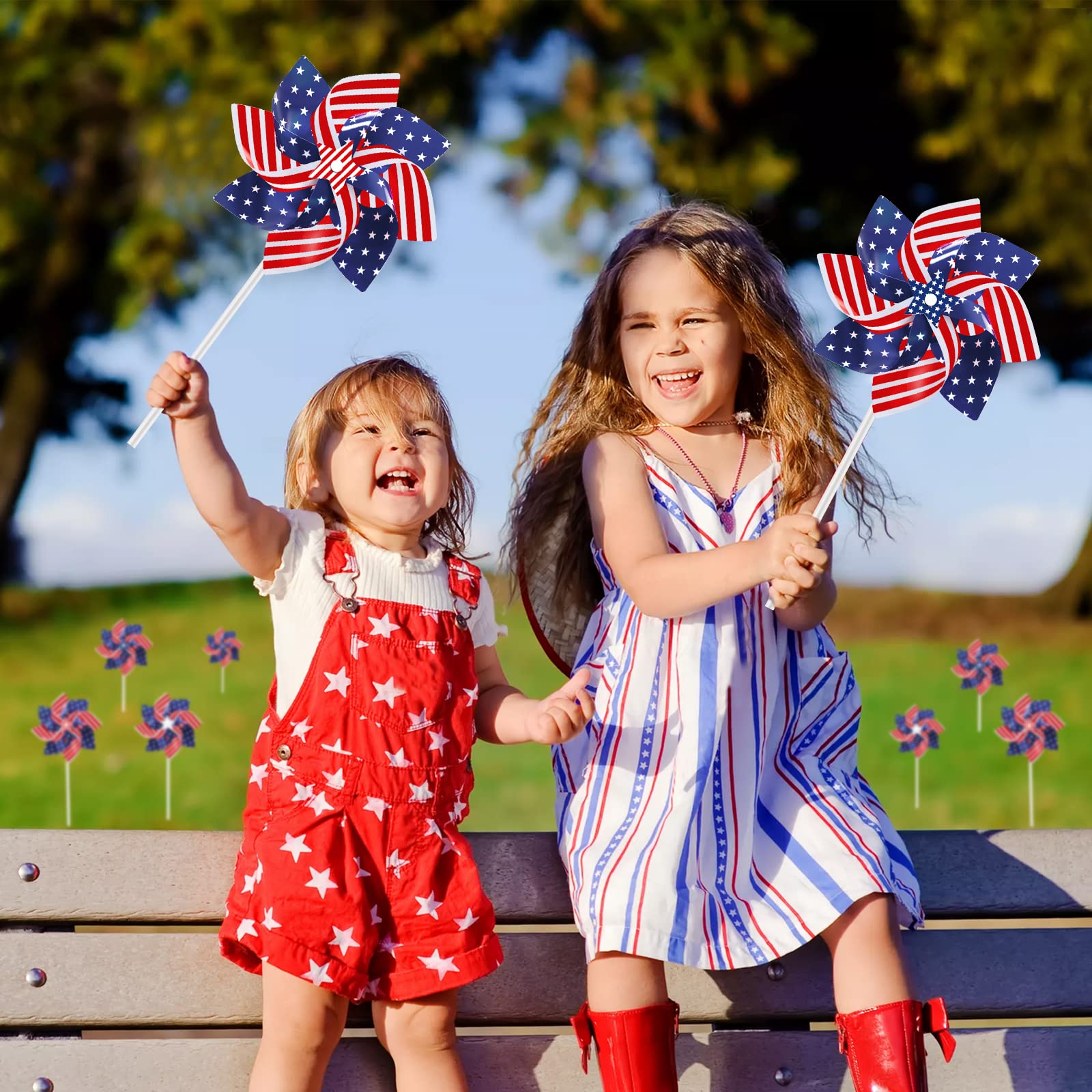 24-Pack 8.5-Inch Patriotic Pinwheels - Red White Blue American Flag Design for July 4th, Memorial Day, and Veterans Day