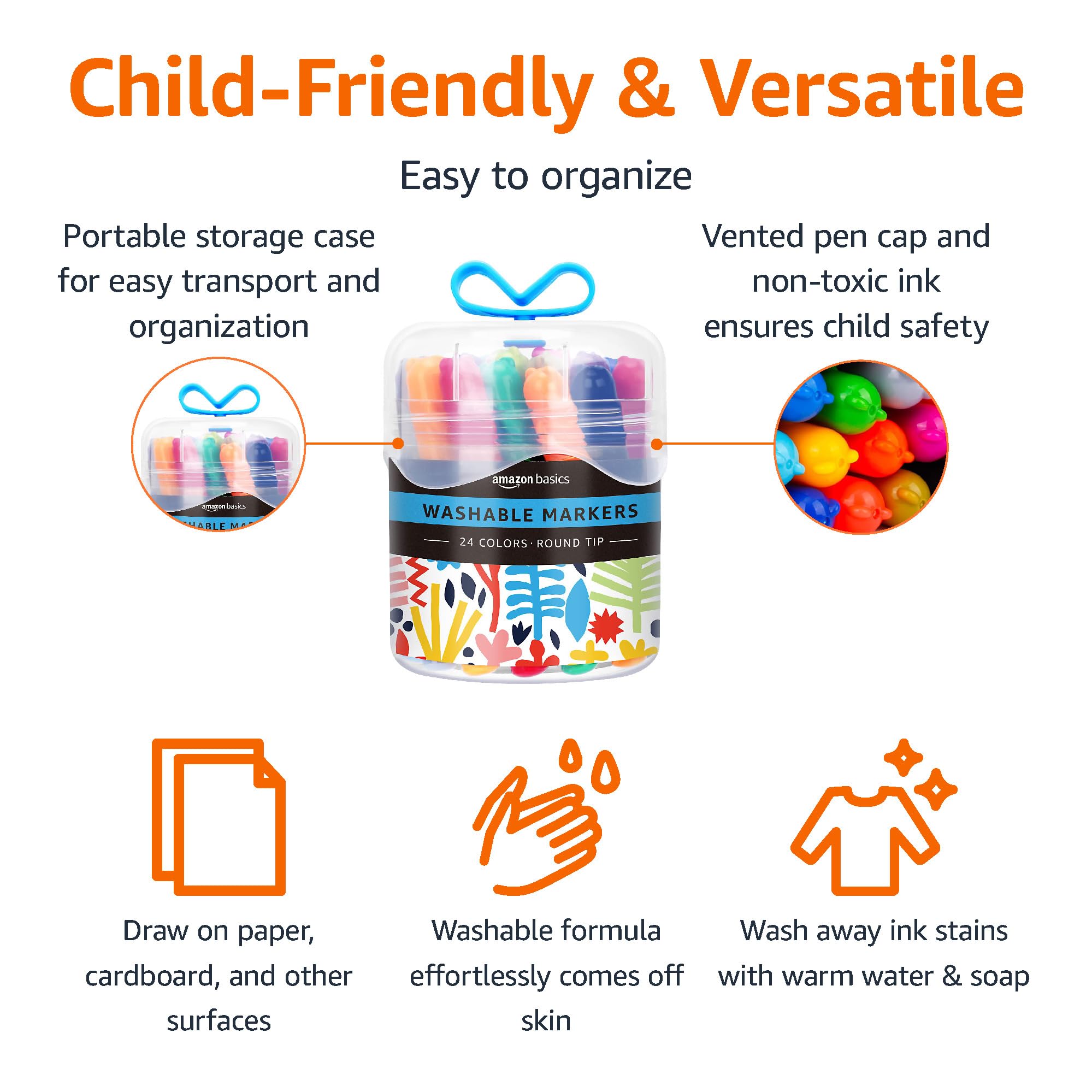 24-Pack Amazon Basics Washable Markers for Kids, Assorted Colors, Round Tip, Non-Toxic, Includes Storage Case