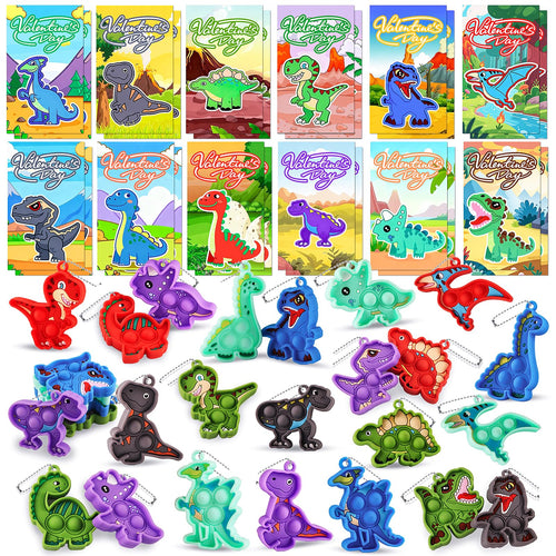 24 Pack Dinosaur Pop Fidget Valentines Cards and Keychains for Kids Classroom Exchange
