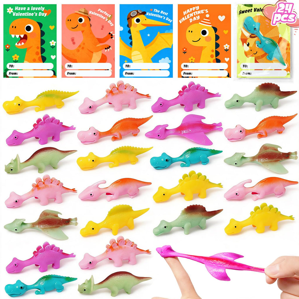 24-Pack Dinosaur Slingshot Valentine's Day Cards and Toys for Kids Classroom Favors