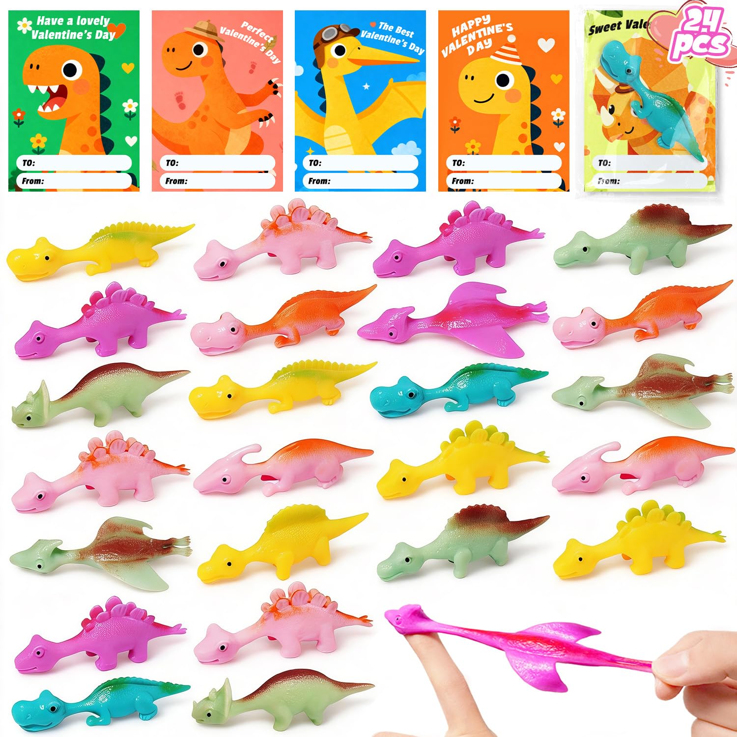 24-Pack Dinosaur Slingshot Valentine's Day Cards and Toys for Kids Classroom Favors