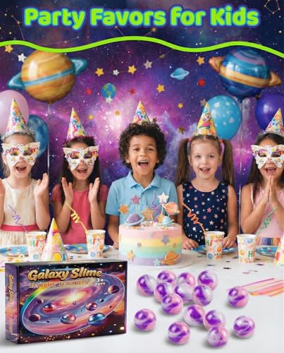 24 Pack Galaxy Slime Balls - Non-Sticky Fidget Toy, Stress Relief, Party Favors - Purple Pink Blue Marble Swirls
