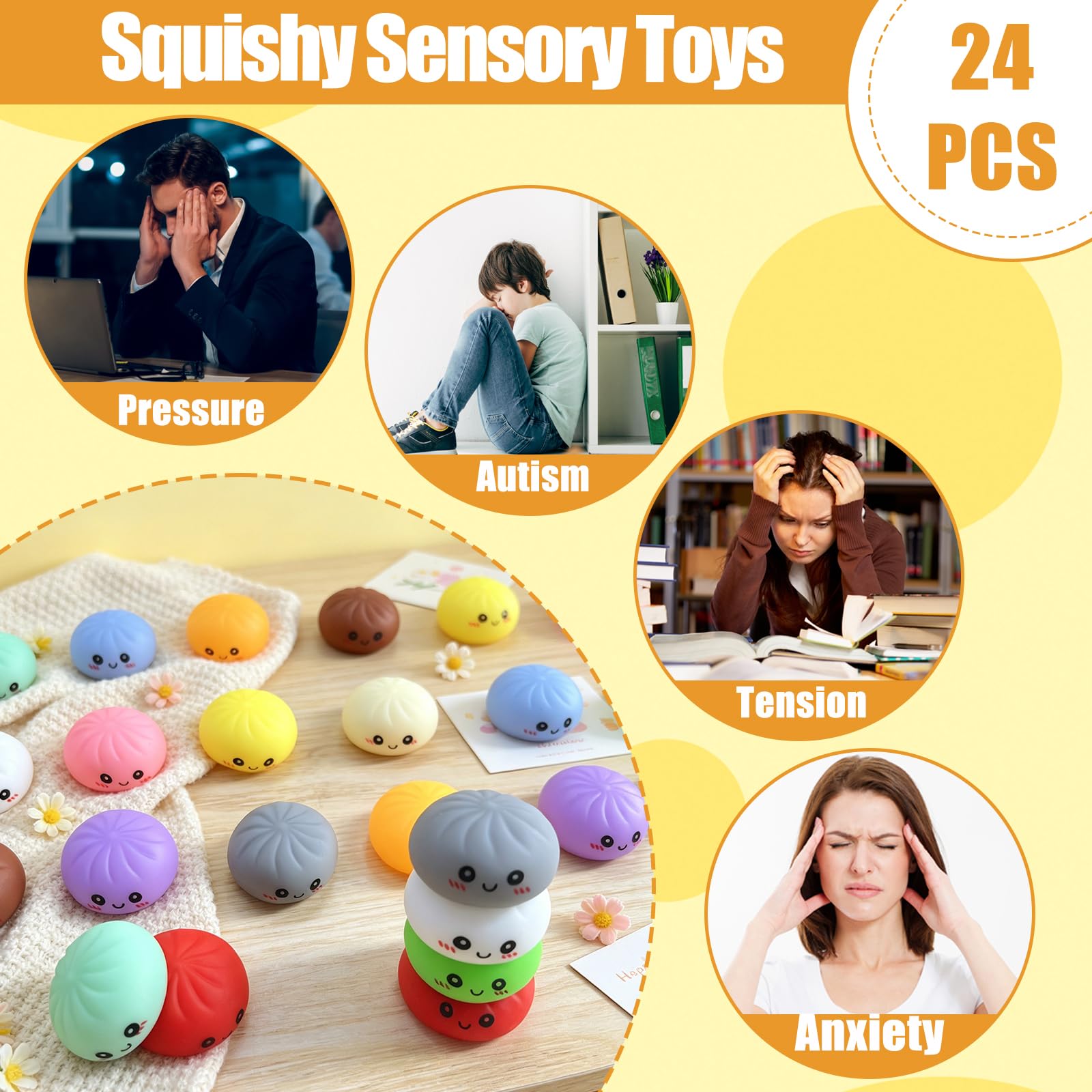 24-Pack Kawaii Dumpling Squishies – 12 Colors, Soft TPR Fidget Toys for Stress Relief & Party Favors