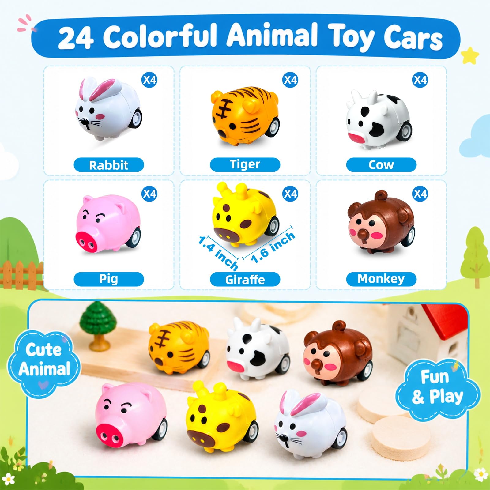 24-Pack Mini Animal Pull Back Cars by AMENON – Friction Powered Toy Cars for Toddlers, Party Favors & Classroom Prizes