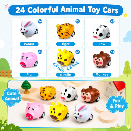 24-Pack Mini Animal Pull Back Cars by AMENON – Friction Powered Toy Cars for Toddlers, Party Favors & Classroom Prizes