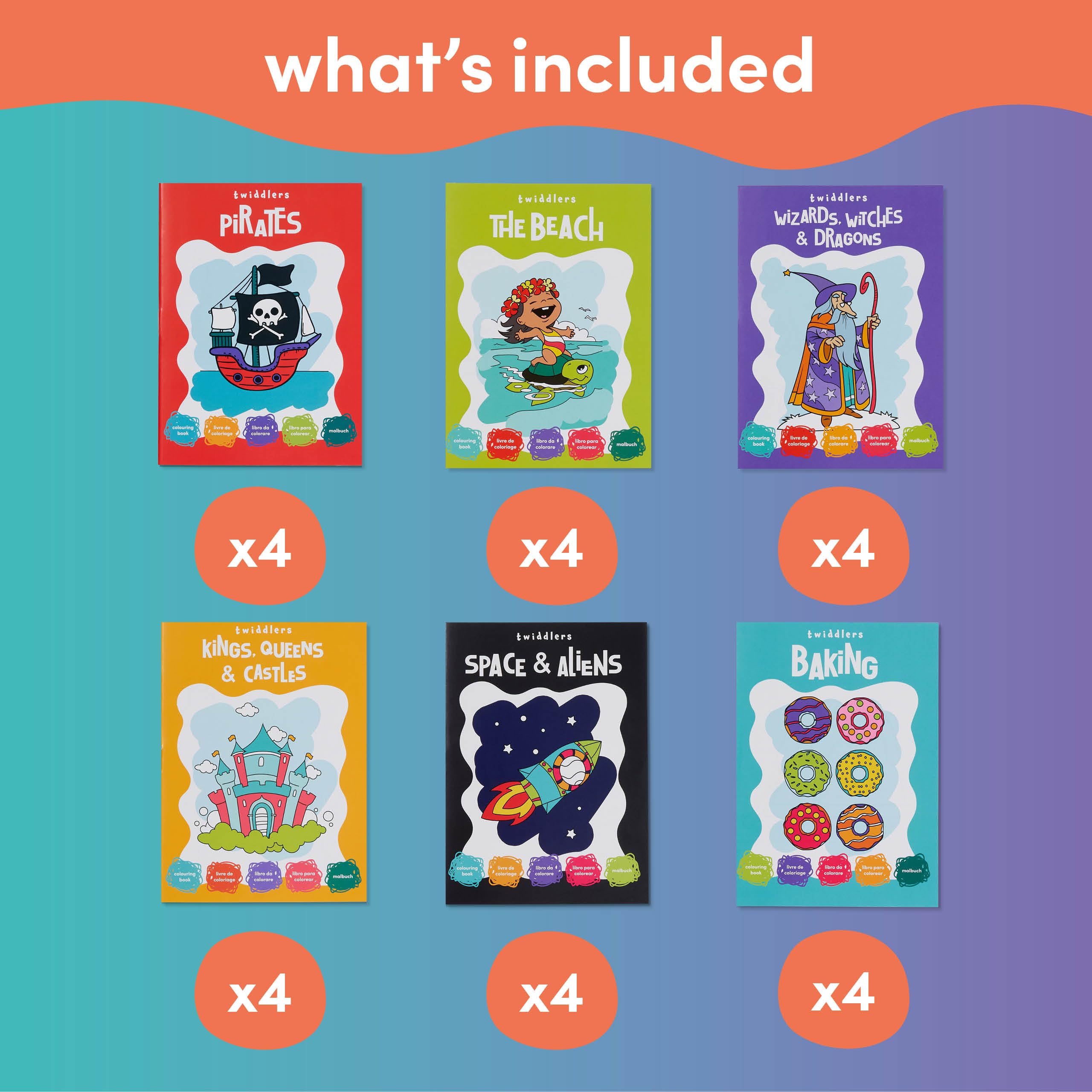 24-Pack Mini Coloring Books for Kids Ages 3+ - 6 Themes: Castles, Dragons, Space, Pirates, Baking, Beach - Party Favors & Classroom Activities by THE TWIDDLERS