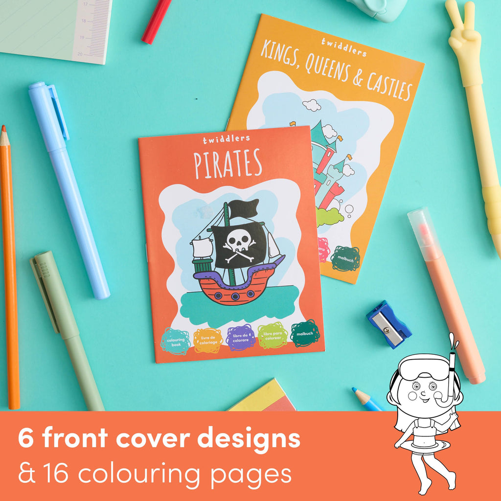 24-Pack Mini Coloring Books for Kids Ages 3+ - 6 Themes: Castles, Dragons, Space, Pirates, Baking, Beach - Party Favors & Classroom Activities by THE TWIDDLERS
