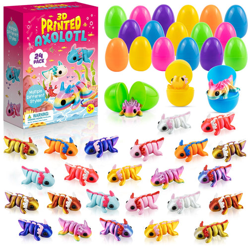 24 Pack Prefilled Easter Eggs with 3D Printed Axolotl Toys - Non-Candy Easter Basket Fillers