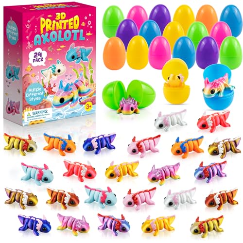 24 Pack Prefilled Easter Eggs with 3D Printed Axolotl Toys - Non-Candy Easter Basket Fillers