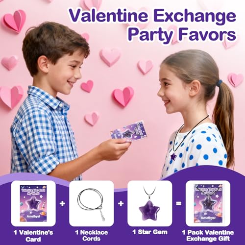 24-Pack Star Gem Necklaces & Cards for Classroom Valentine Exchange