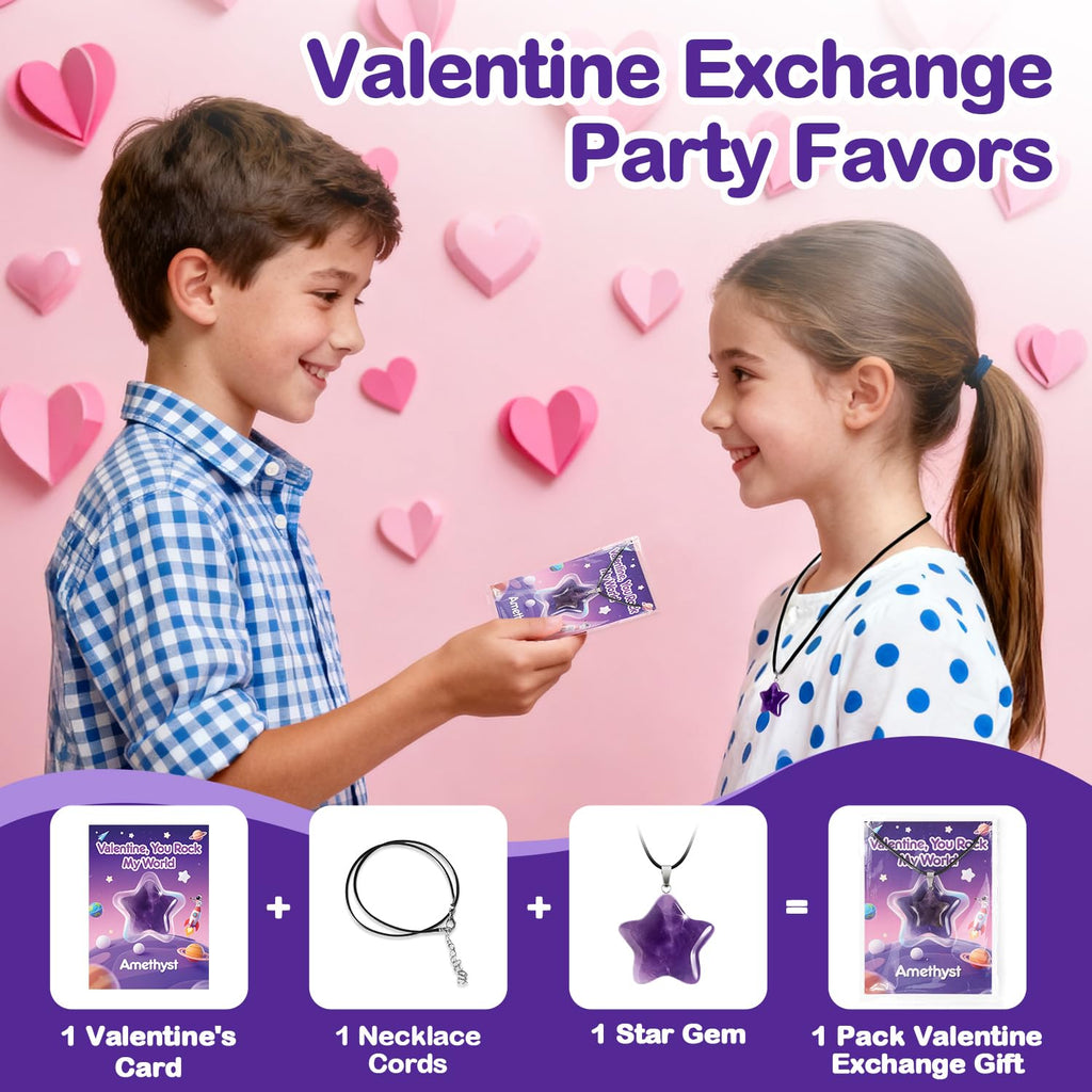 24-Pack Star Gem Necklaces & Cards for Classroom Valentine Exchange