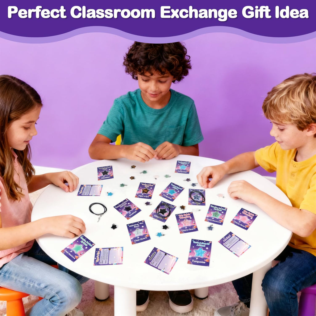 24-Pack Star Gem Necklaces & Cards for Classroom Valentine Exchange