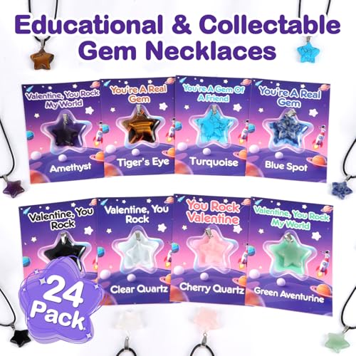 24-Pack Star Gem Necklaces & Cards for Classroom Valentine Exchange