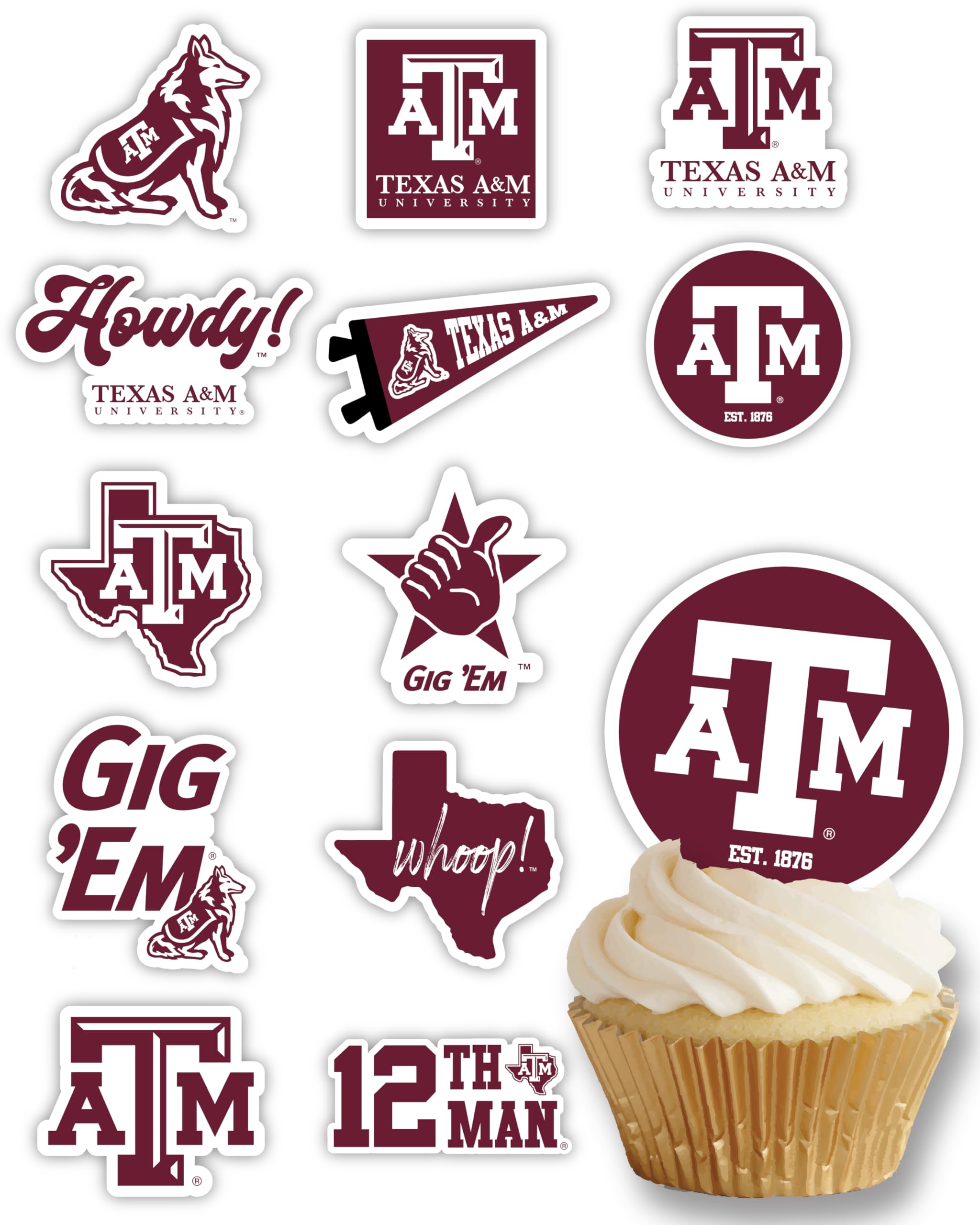 24-Pack Texas A&M Cupcake Toppers by PartyKandy – Preassembled Recyclable Decor for Birthdays, Graduations & Tailgates