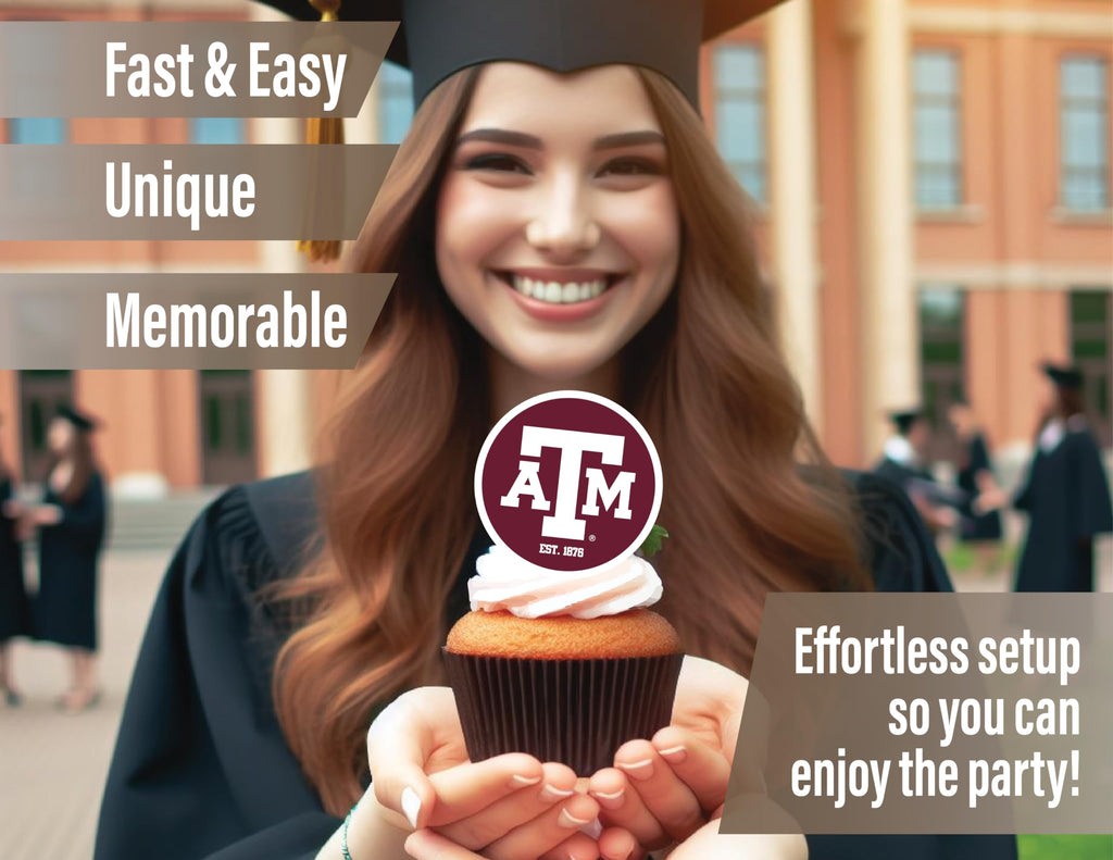 24-Pack Texas A&M Cupcake Toppers by PartyKandy – Preassembled Recyclable Decor for Birthdays, Graduations & Tailgates