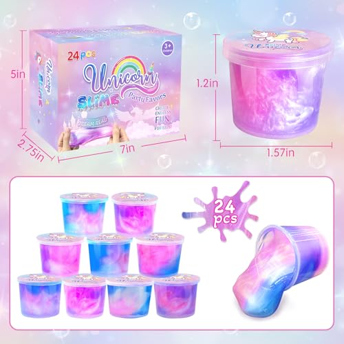24 Pack Unicorn Slime Party Favors – 36 Non-Sticky Putty Cups for Kids, Stress Relief Toy for Birthday, Christmas, Classroom Rewards